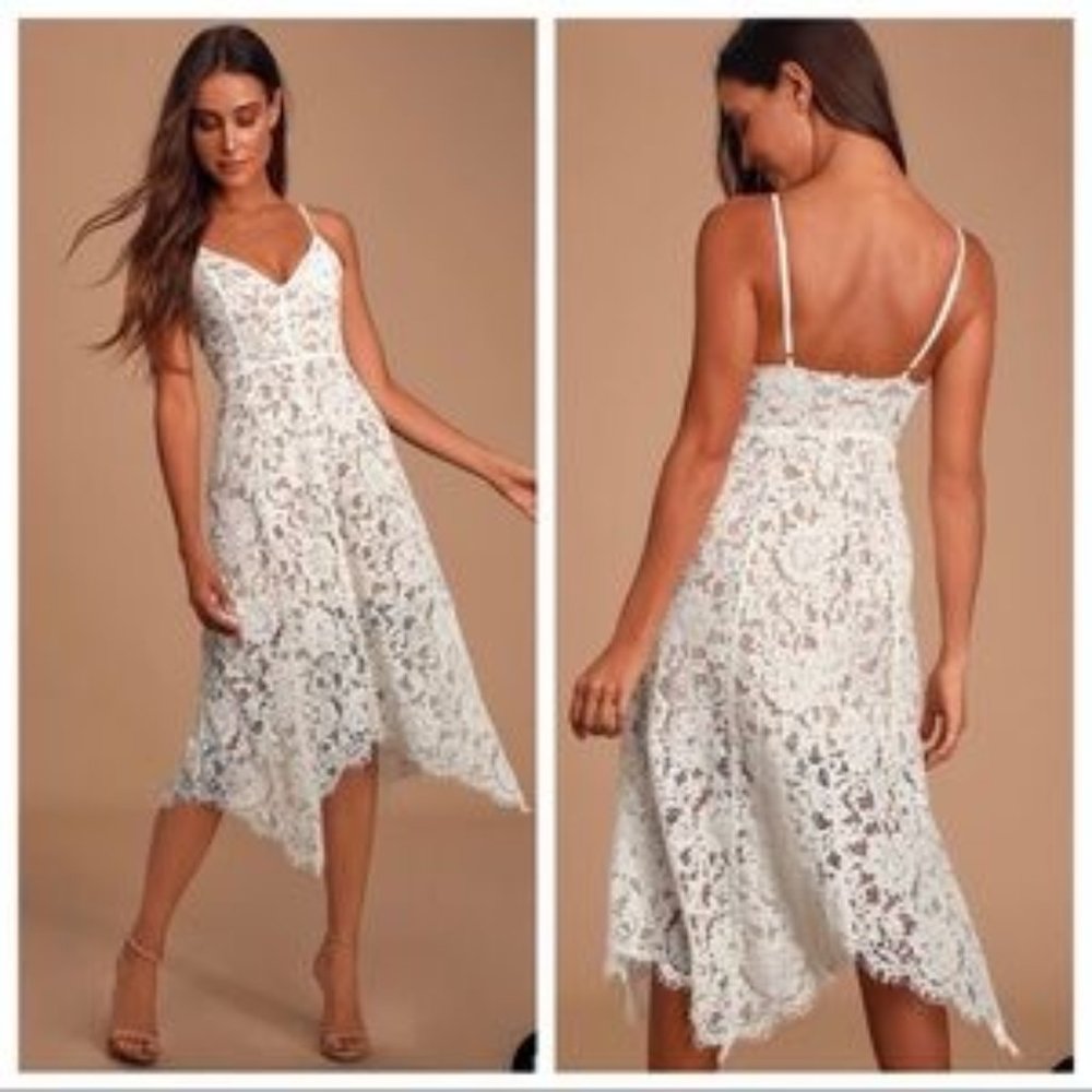 Lulus One Wish White Lace Midi Dress Size L NWT